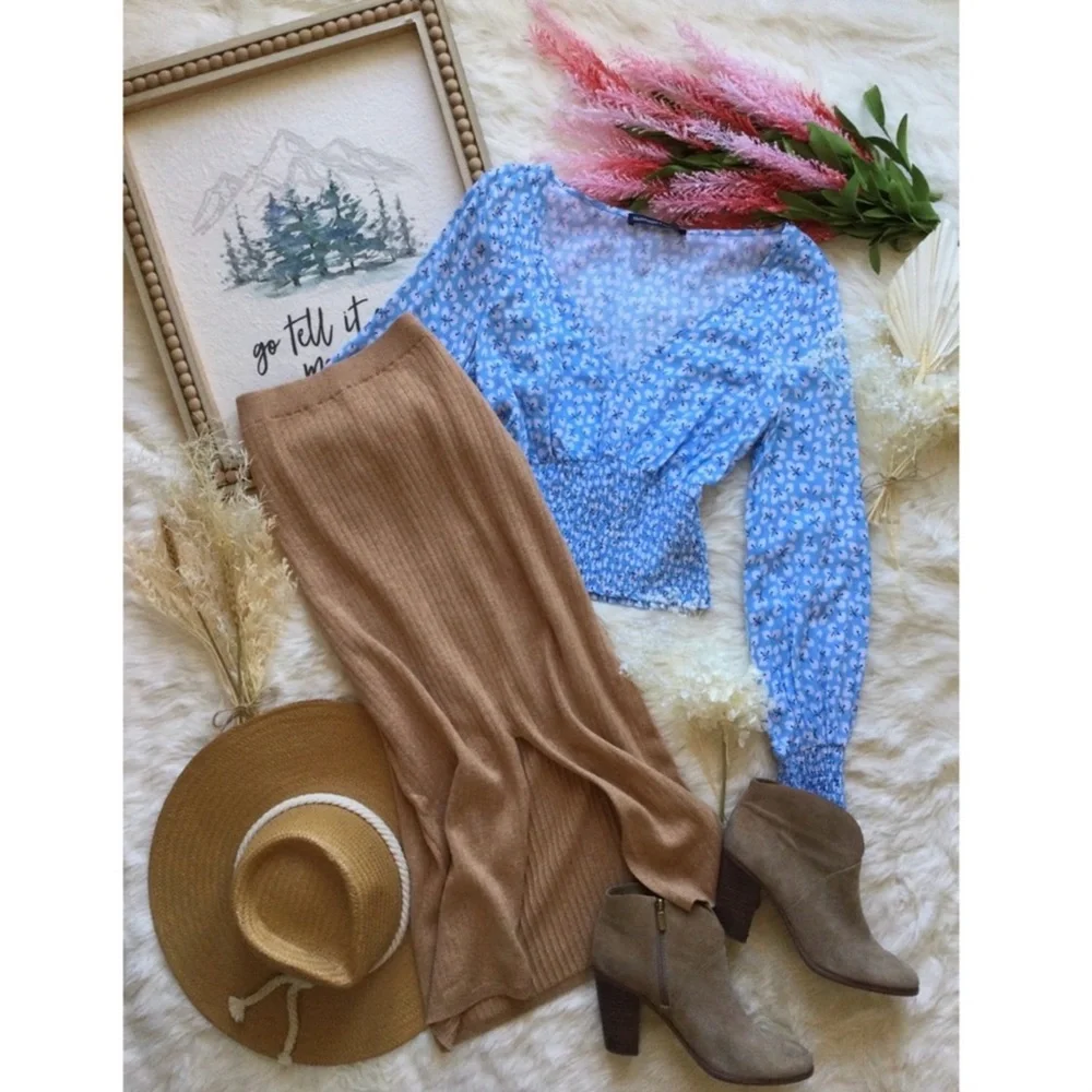 Free People XS Heathered Brown Ribbed Knit Slit Midi Skirt Western Boho Neutral - Picture 5 of 14